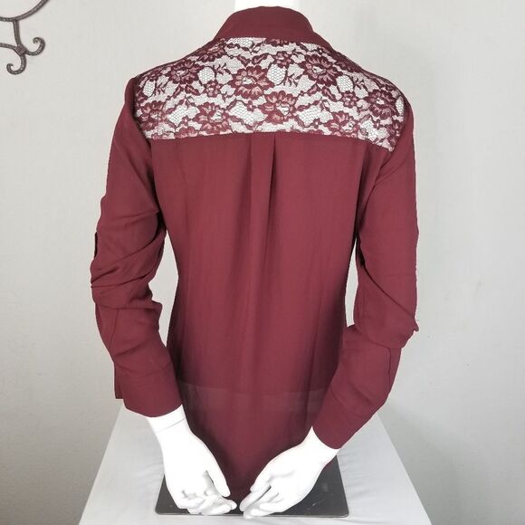 Express Lace Embellished Button Front Maroon Top - Picture 3 of 10